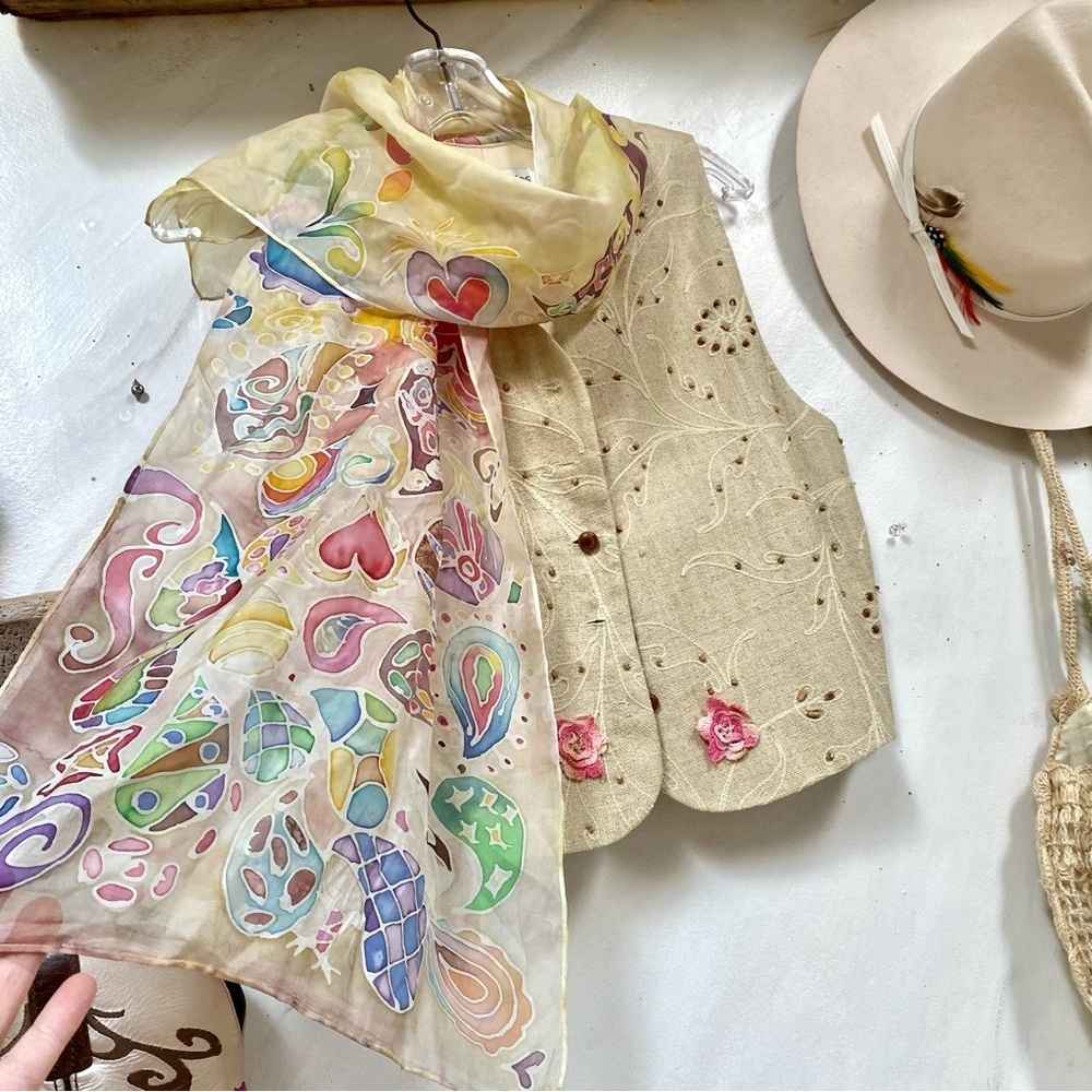 Artisan hand painted SILK boho scarf w prairie Country shabby chic vibe